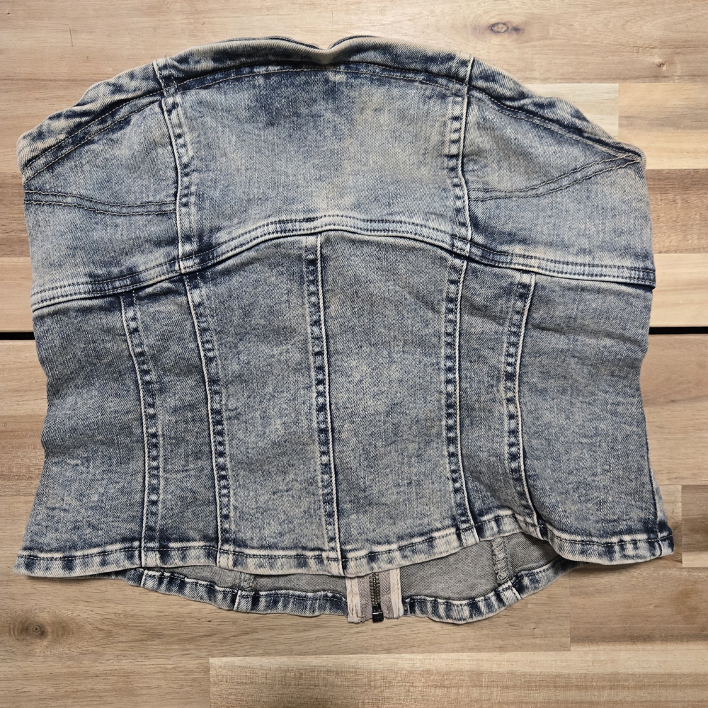 Free People Light Wash Denim Corset Top Zip Back Sexy Vintage Bohemian Small